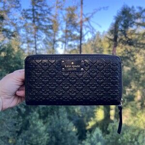KATE SPADE Black Leather Wallet w Embossed Spades & Gold Hardware AUTHENTIC NWOT